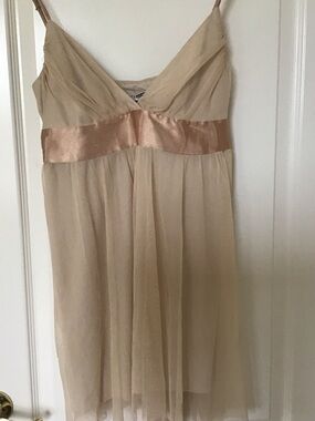 Necessary Objects Babydoll Beige Dress with Satin Trim